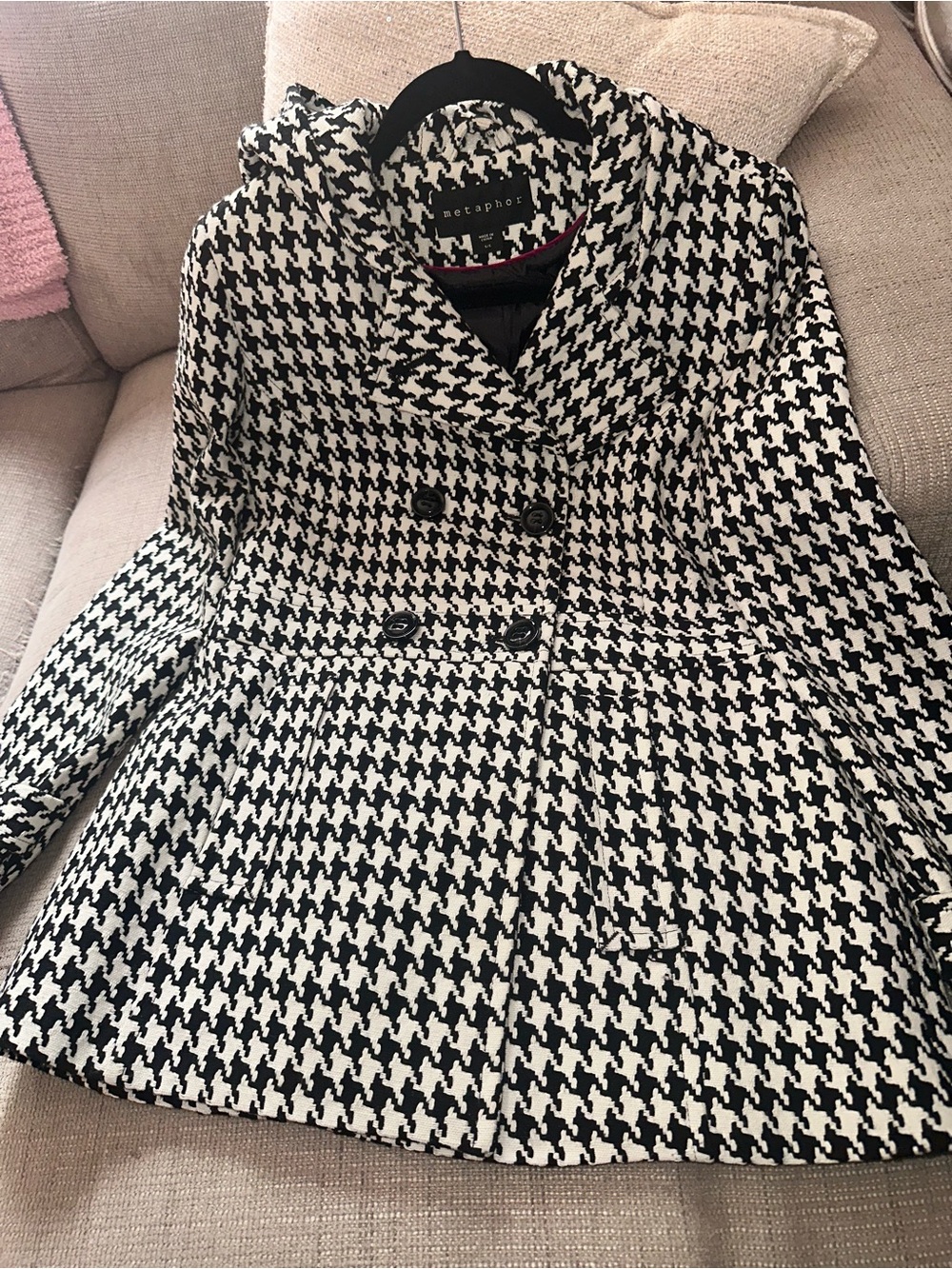 Metaphor Black & White Houndstooth Peacoat with Hood